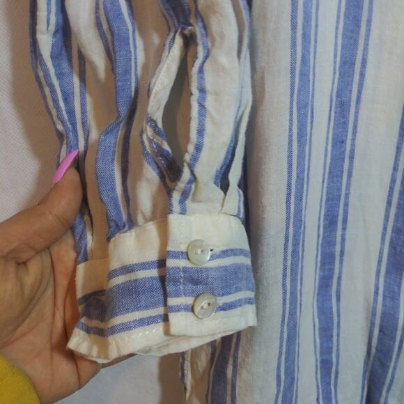 Antibes Blanc Linen  Blue White Stripe Collared Button Down Tunic Shirt Size M - Picture 5 of 9